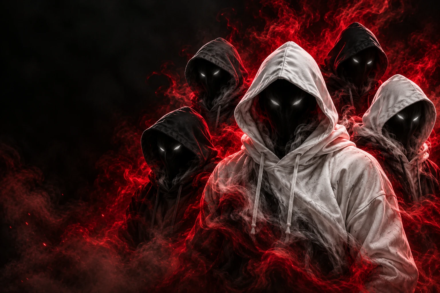 Duhovi ghosts in hoodies under dark red lighting